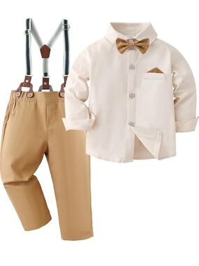 Kids Tan Suspender Pants & Cream Shirt Set with Bow Tie